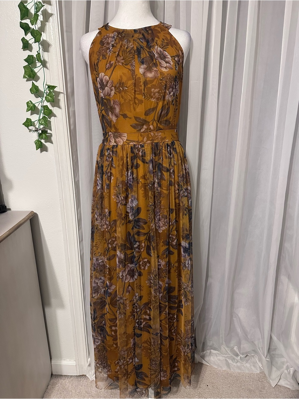 Candalite Floral Caramel Sleeveless Halter Maxi Dress Size S